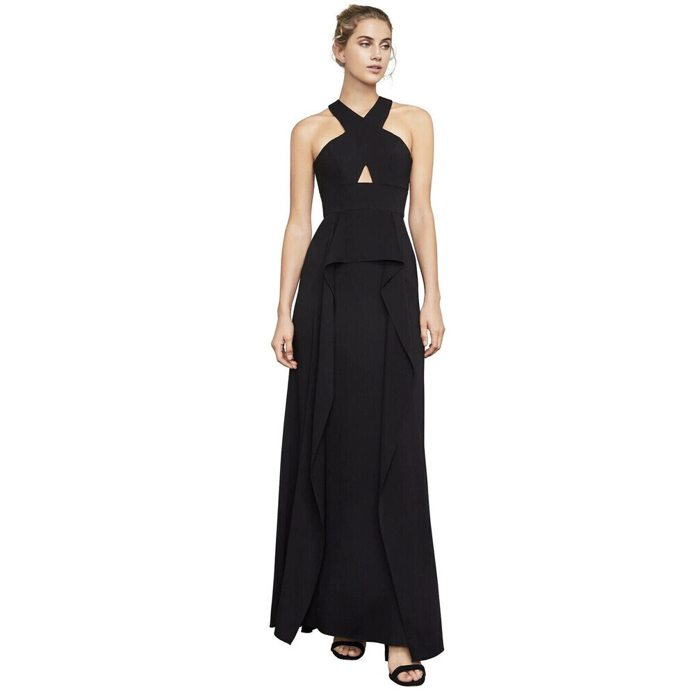 BCBGMAXAZRIA Bryleigh Crisscross Halter Ruffle Gown Dress In Black Size 2 $465